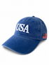 Blue baseball cap with "USA" embroidered in white and a small American flag on the side.