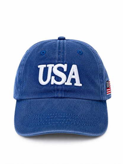 Blue baseball cap with "USA" embroidered in white and a small American flag on the side.