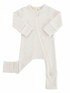 Light gray baby onesie with zipper, ribbed texture, and cuffed sleeves and legs. Perfect for comfort and ease.