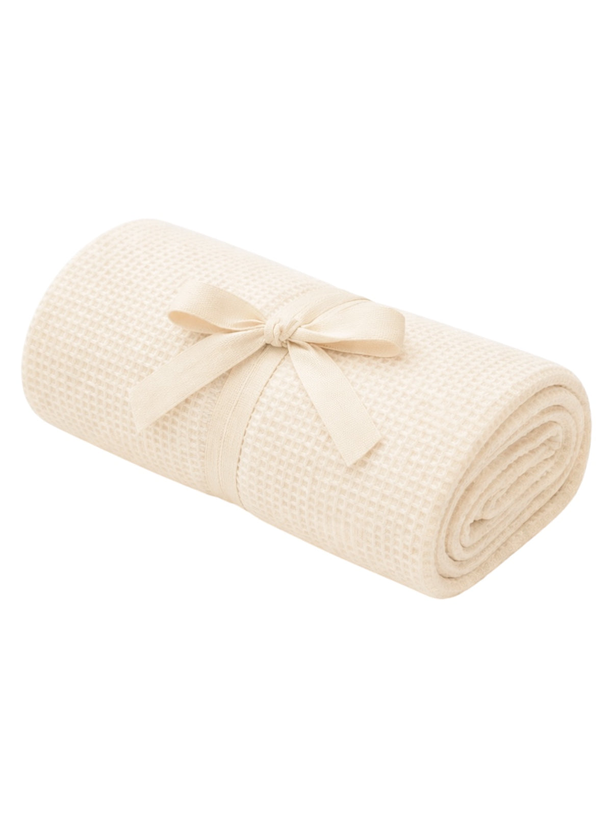 Rolled beige blanket tied with a ribbon, showcasing a textured fabric. Ideal for cozy home décor.