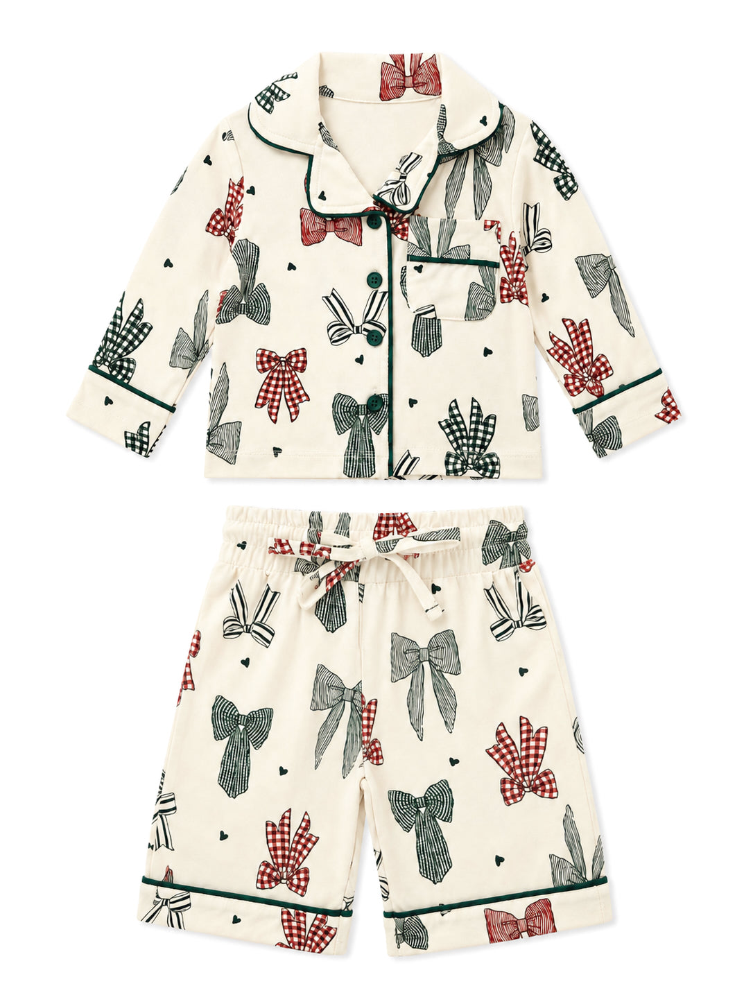 Children's pajama set featuring a cream background with assorted patterned bows and hearts. Includes a top and shorts.