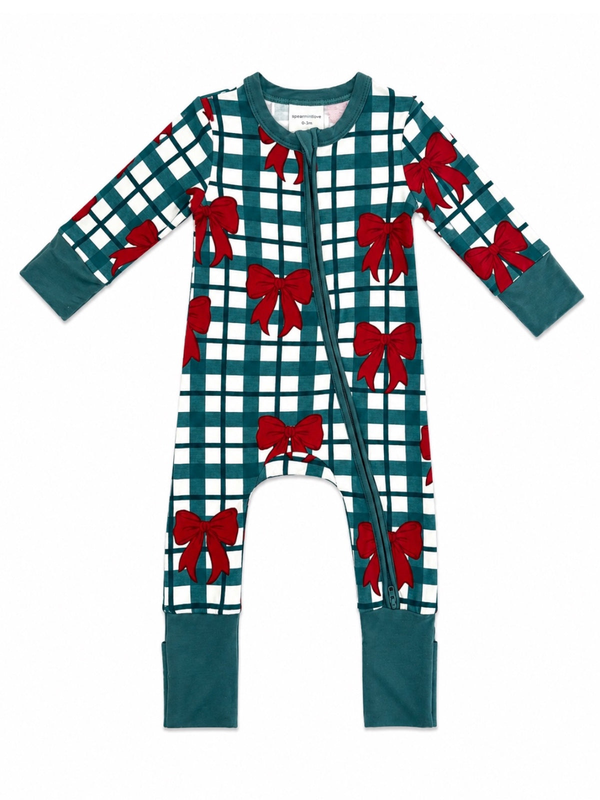 Teal grid-patterned onesie with red bows and a front zipper, designed for comfort and style.