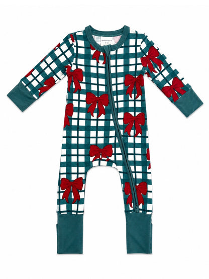 Teal grid-patterned onesie with red bows and a front zipper, designed for comfort and style.