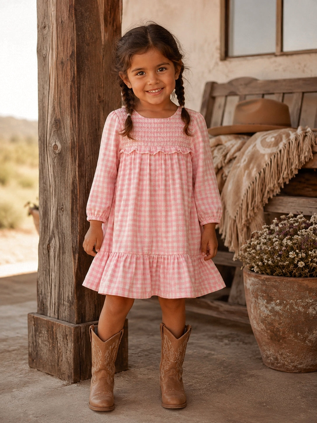 Smiling girl in a pink gingham dress and cowboy boots, standing by a rustic wooden pillar outdoors.