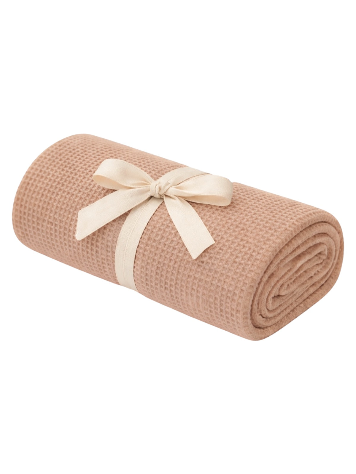 Rolled beige blanket with a cream ribbon tied around it, designed for warmth and comfort.
