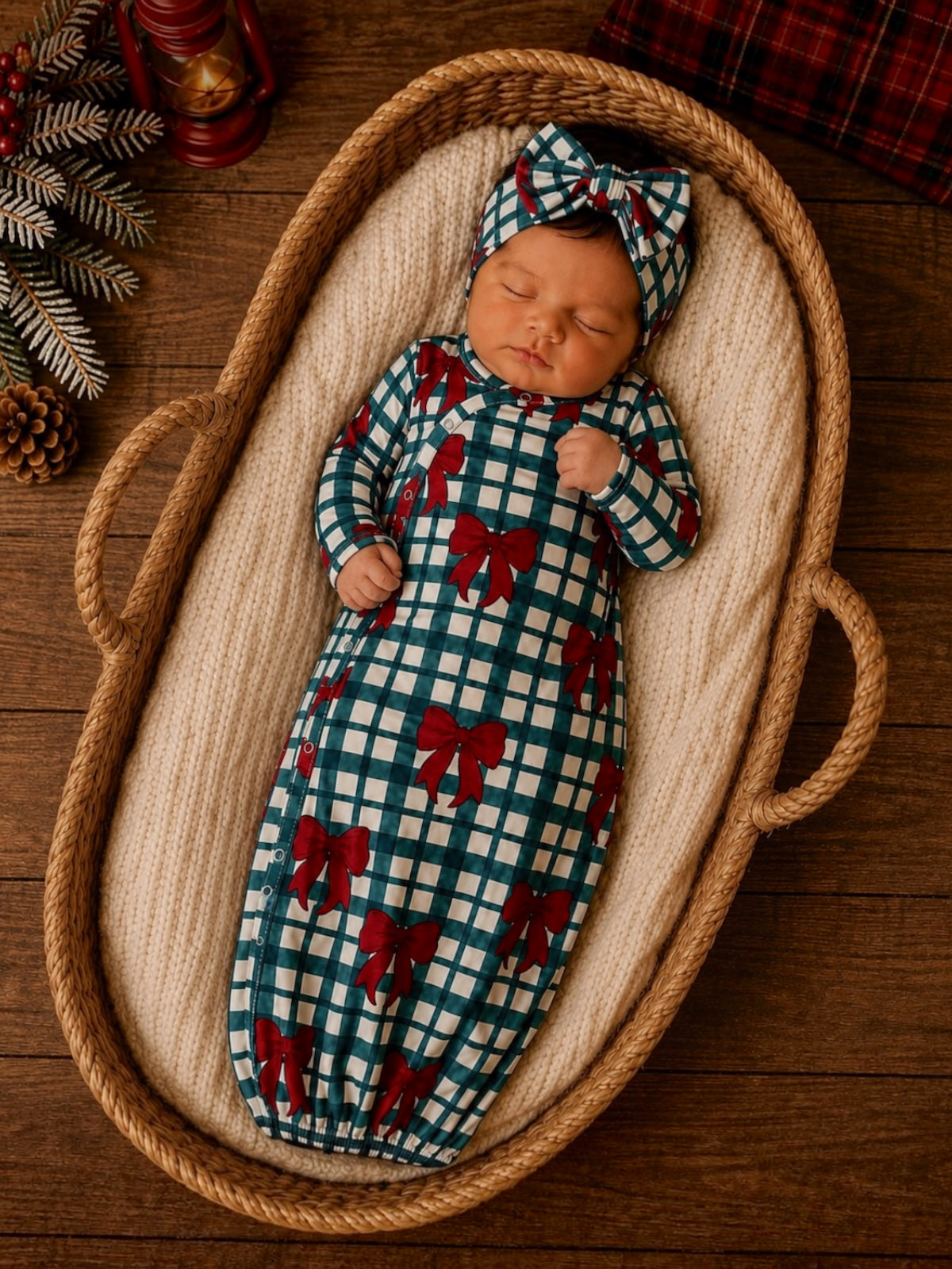 Newborn girl in a plaid outfit with red bows, peacefully sleeping in a cozy woven basket.