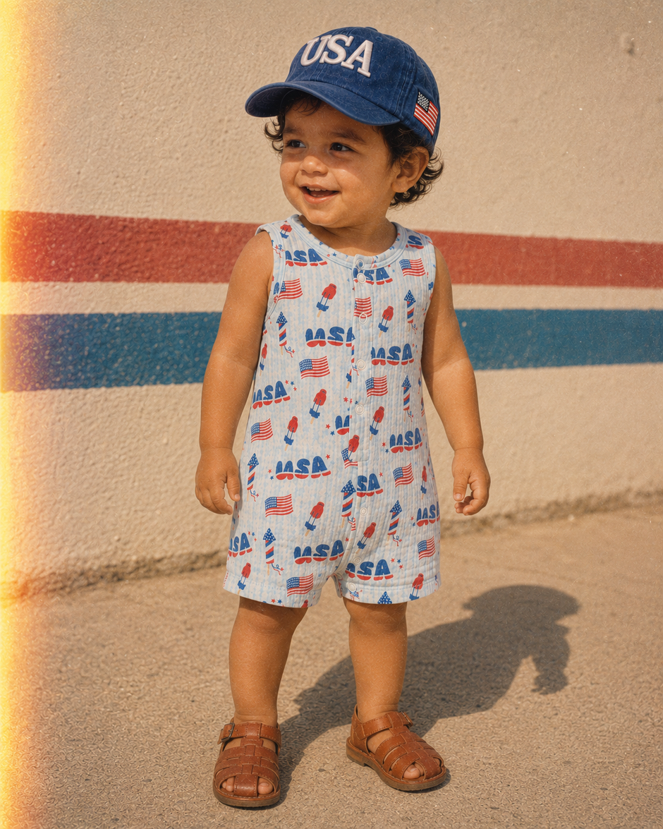 Muslin Shortie Romper, 4th of July Blue