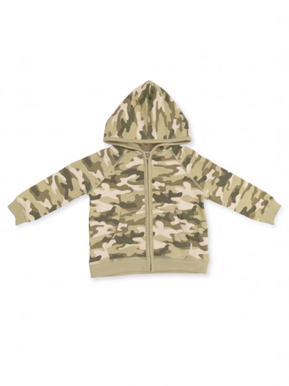 Tan and green camouflage zip-up hoodie with a hood and pockets, laid flat on a white background.