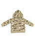 Tan and green camouflage zip-up hoodie with a hood and pockets, laid flat on a white background.