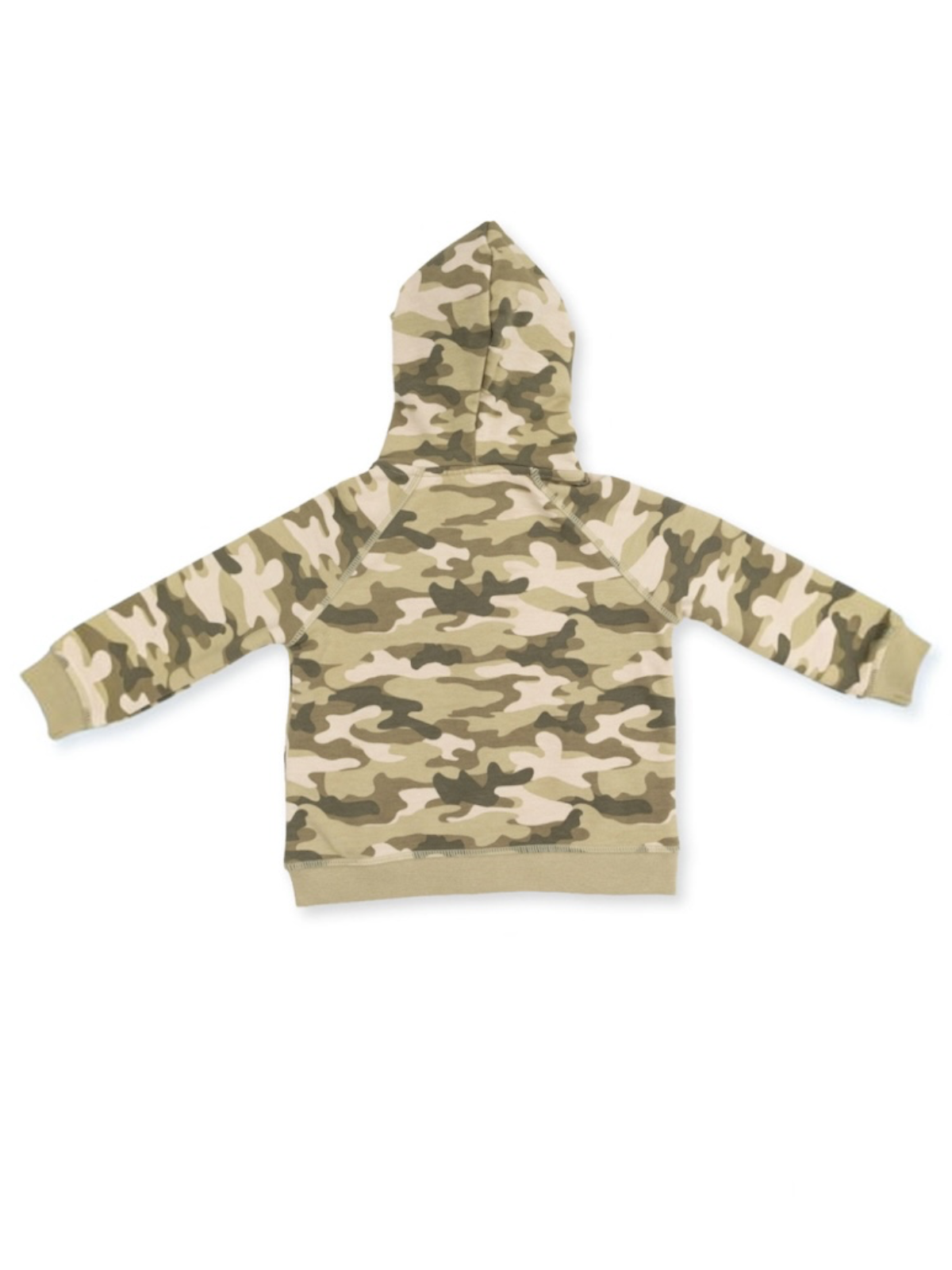 Hooded sweatshirt in a green and beige camouflage pattern, displayed from the back.