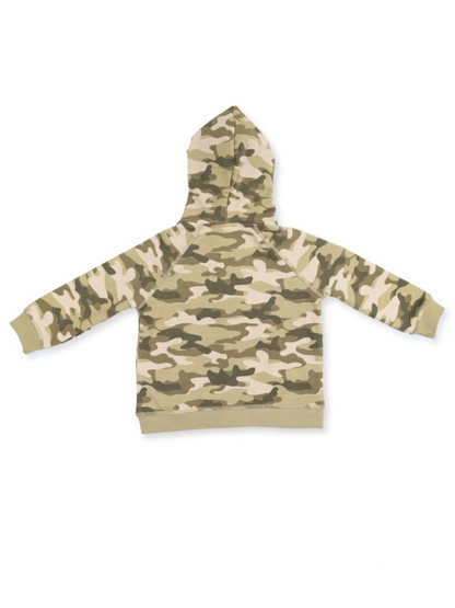 Hooded sweatshirt in a green and beige camouflage pattern, displayed from the back.