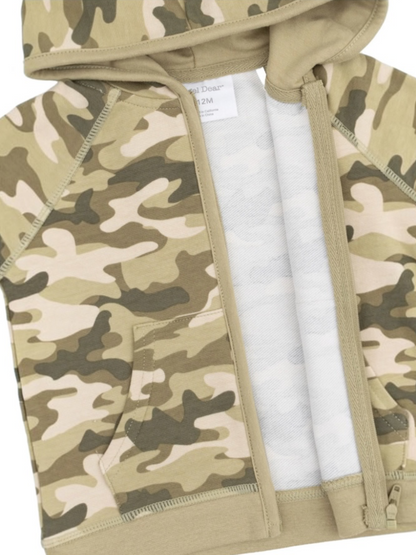 Tan and green camo-patterned zip-up hoodie for toddlers, featuring a front pocket and a soft interior lining.