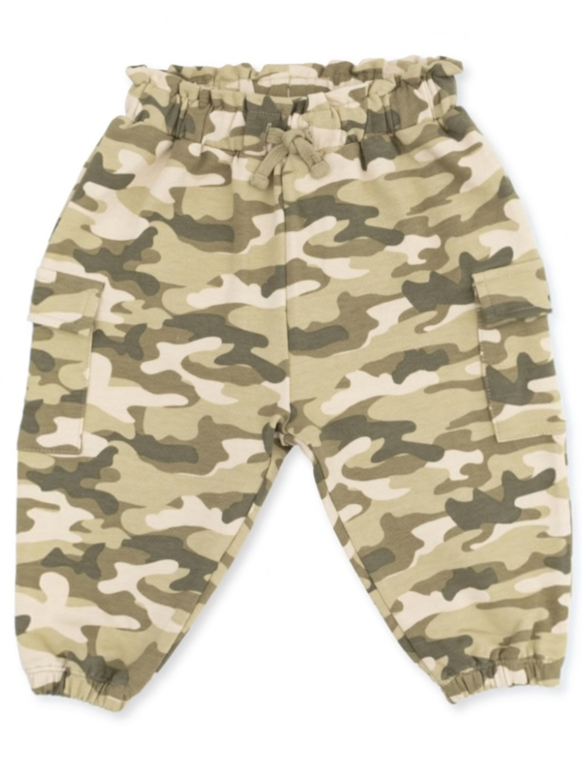 Casual camouflage pants with an elastic waistband and side pockets for comfort and style.