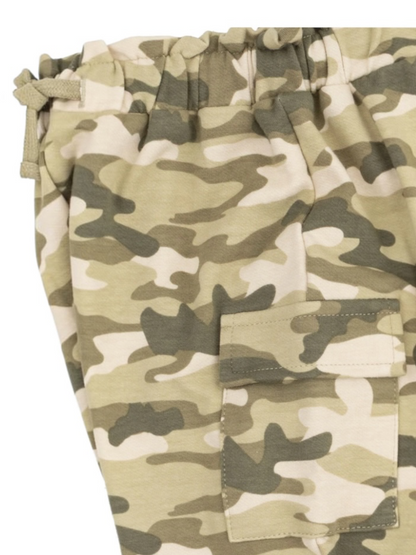 Beige and green camo patterned jogger pants with an elastic waistband and side pocket.