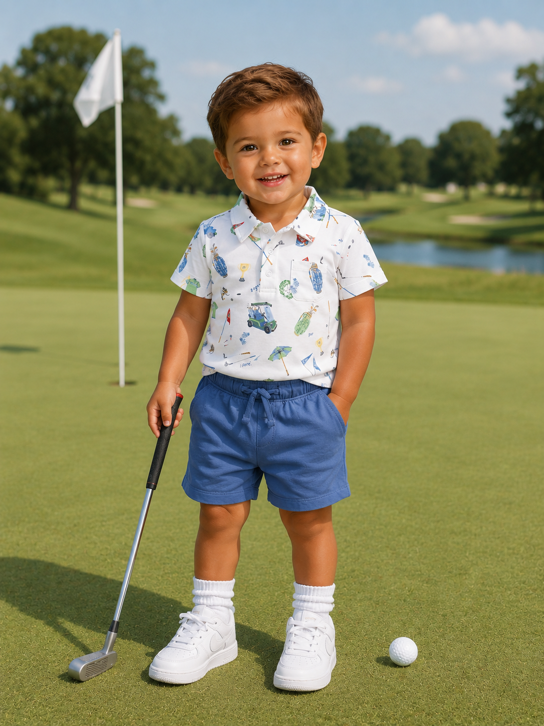Smiling boy in golf attire stands on a green, holding a club with a golf ball nearby.