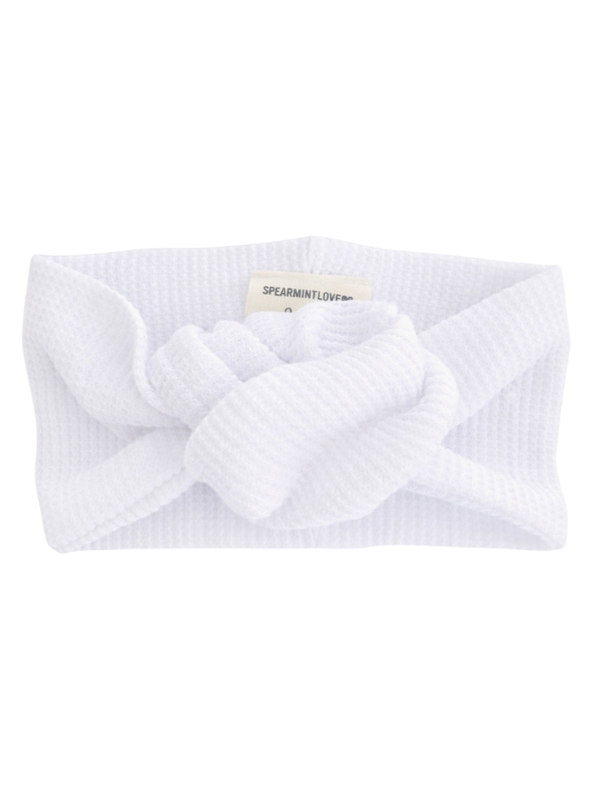 White textured headband with a knotted design in the center, labeled "SPEARMINTLOVE."