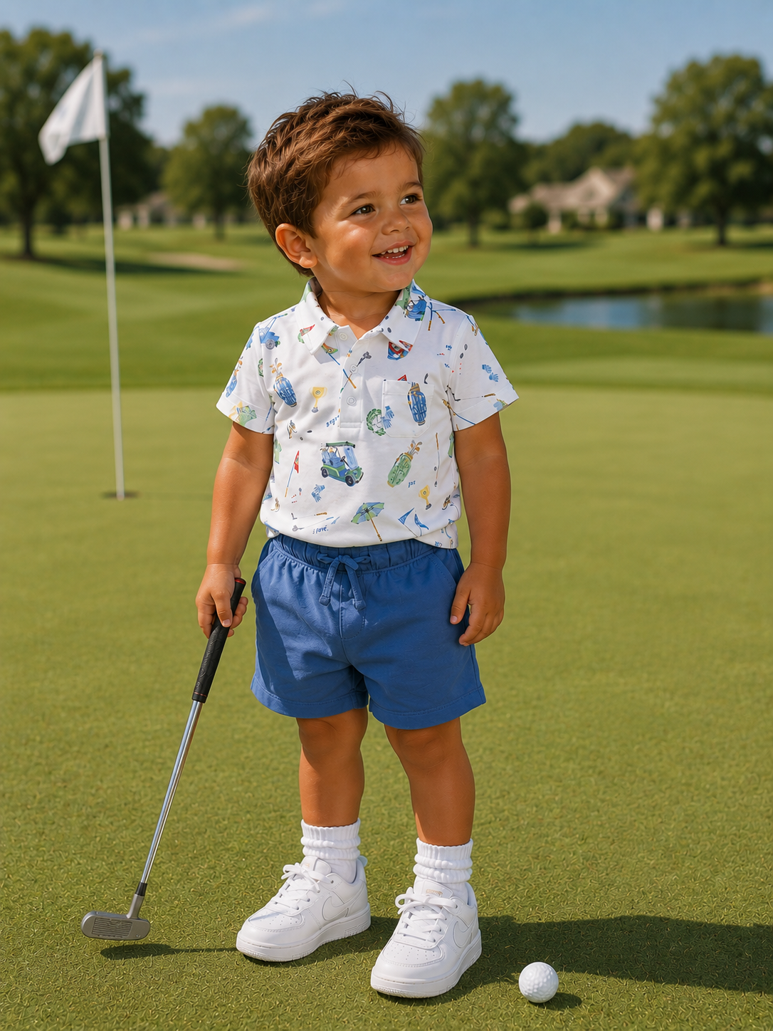 Smiling young boy in golf attire stands on green grass with a putter and golf ball, surrounded by trees.