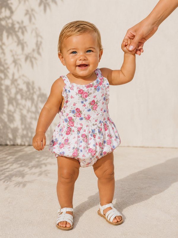 Smiling toddler in a floral outfit holding an adult's hand, standing on a smooth surface with shadows.