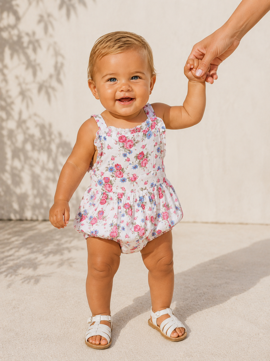 Ruffle Bubble Sunsuit, Cabbage Roses
