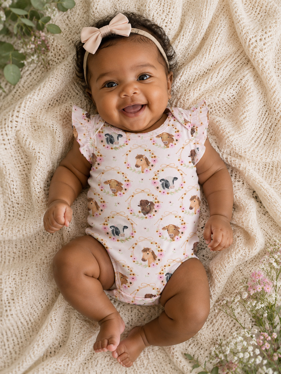 Ruffle Sleeve Bodysuit, Farm Animals Floral Cameos