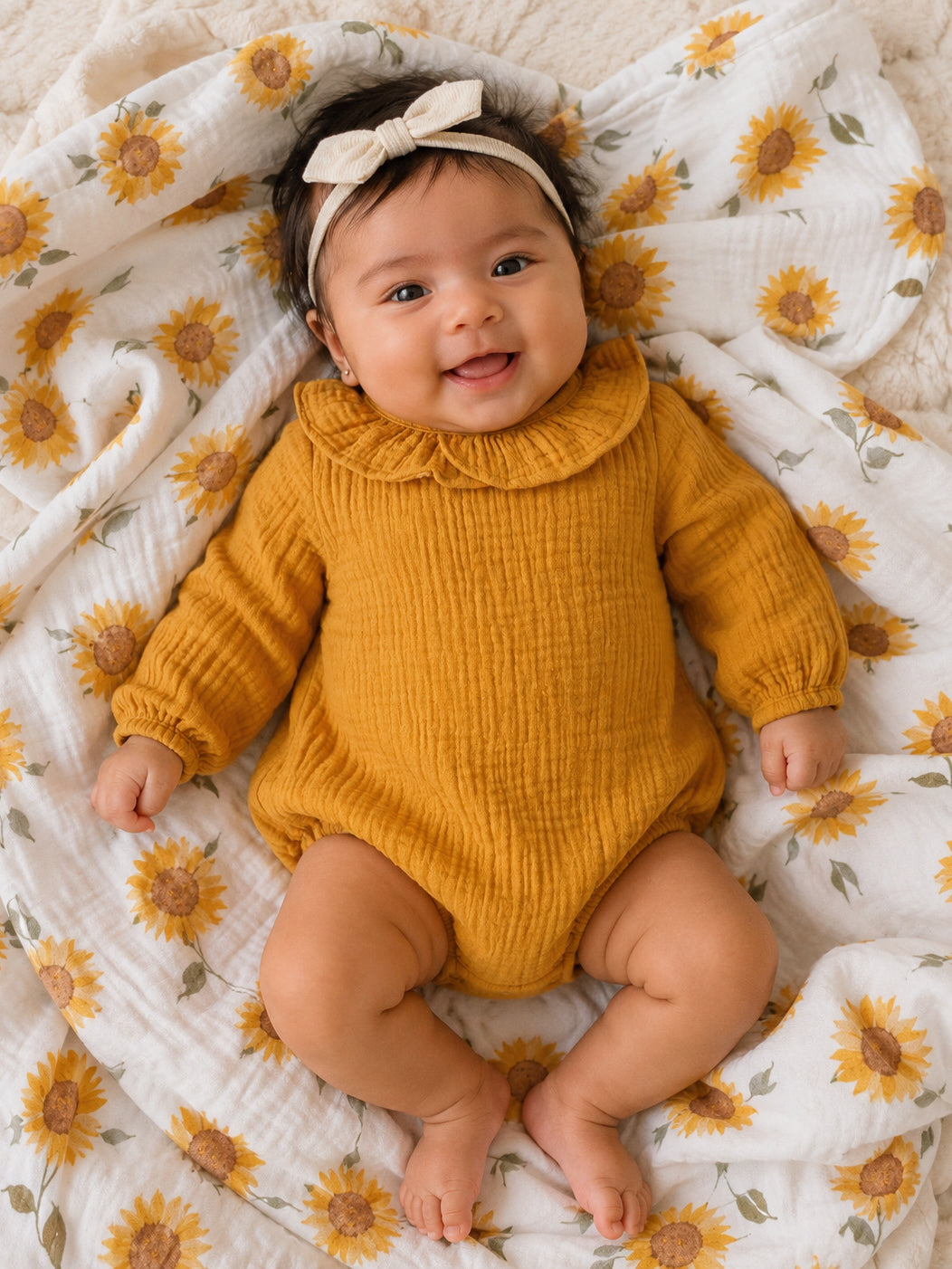 Smiling baby in a mustard-colored romper, lying on a sunflower-patterned blanket. Cute bow headband included.