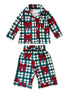 Green and white checkered pajama set featuring red bows, consisting of a long-sleeve top and shorts.