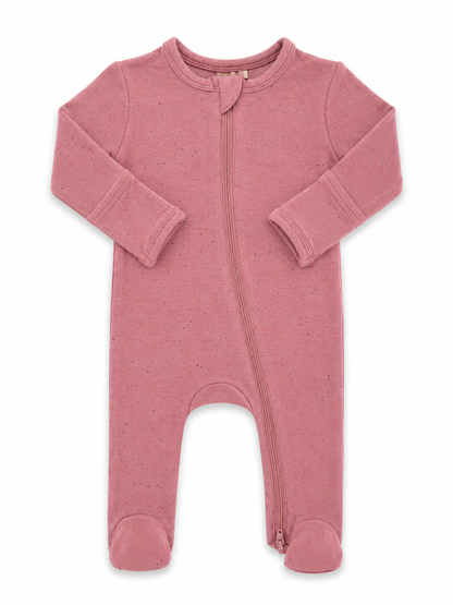 Pink baby onesie with long sleeves and a front zipper, designed for comfort and easy dressing.