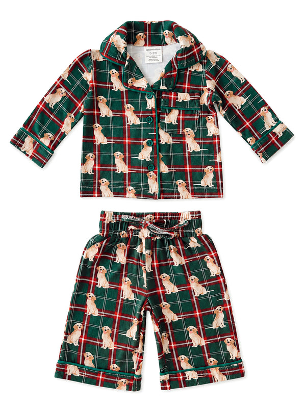 Green plaid pajamas set with golden retriever prints, including long-sleeve top and shorts. Perfect for cozy nights.