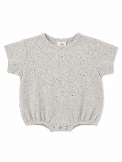 Gray short-sleeve baby bodysuit with ribbed texture and snap button closure at the bottom.