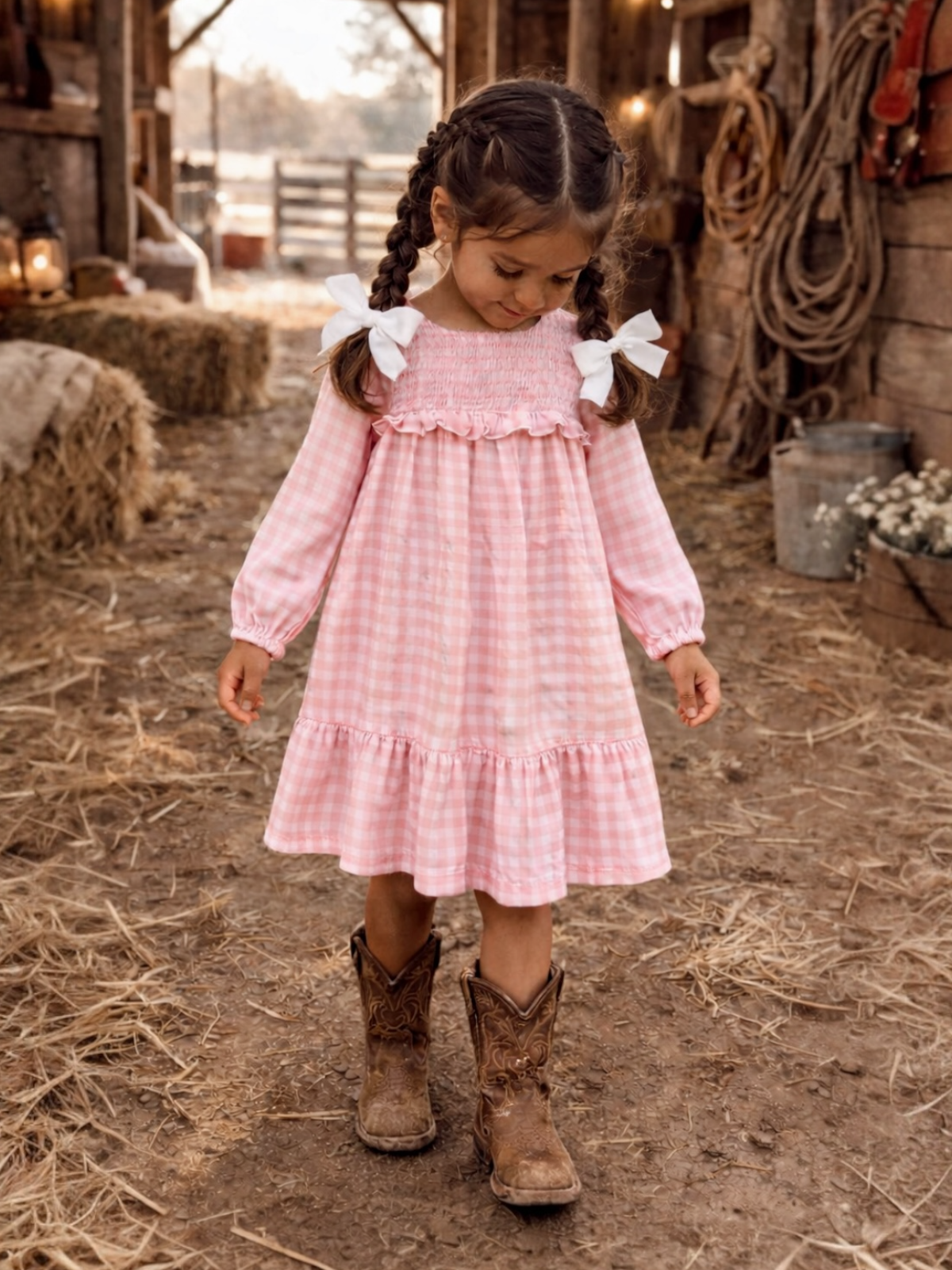 Girl in a pink gingham dress and brown cowboy boots, standing in a rustic barn filled with hay.