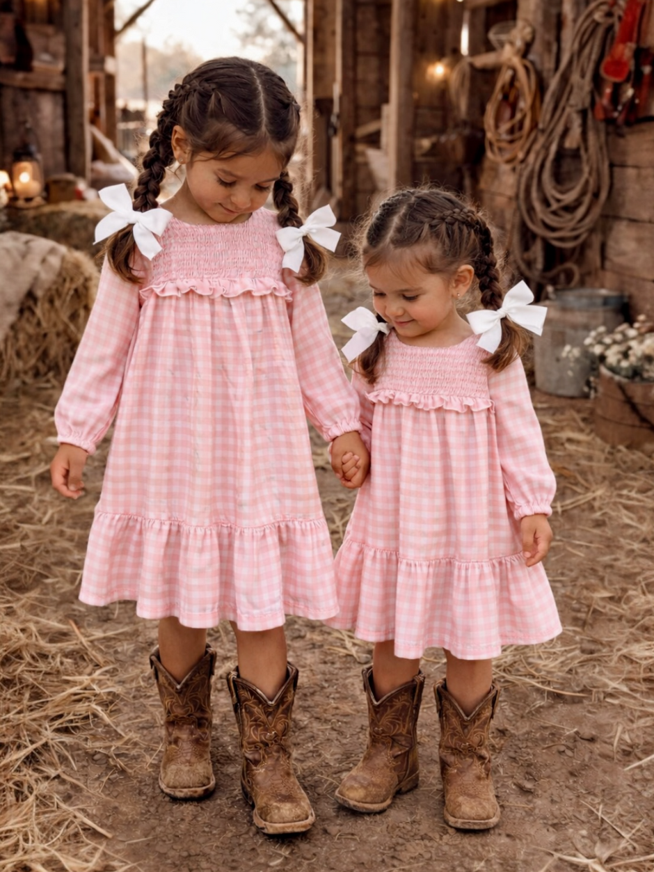 Two girls in pink gingham dresses and brown cowboy boots hold hands in a rustic barn setting.