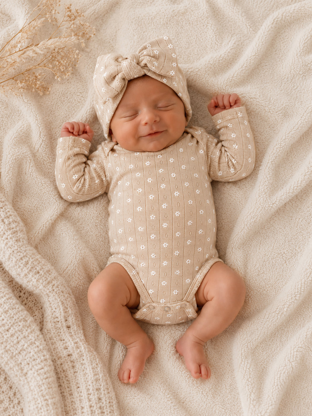 Smiling baby in a beige onesie and bow hat, lying on a soft, textured blanket with dried flowers nearby.