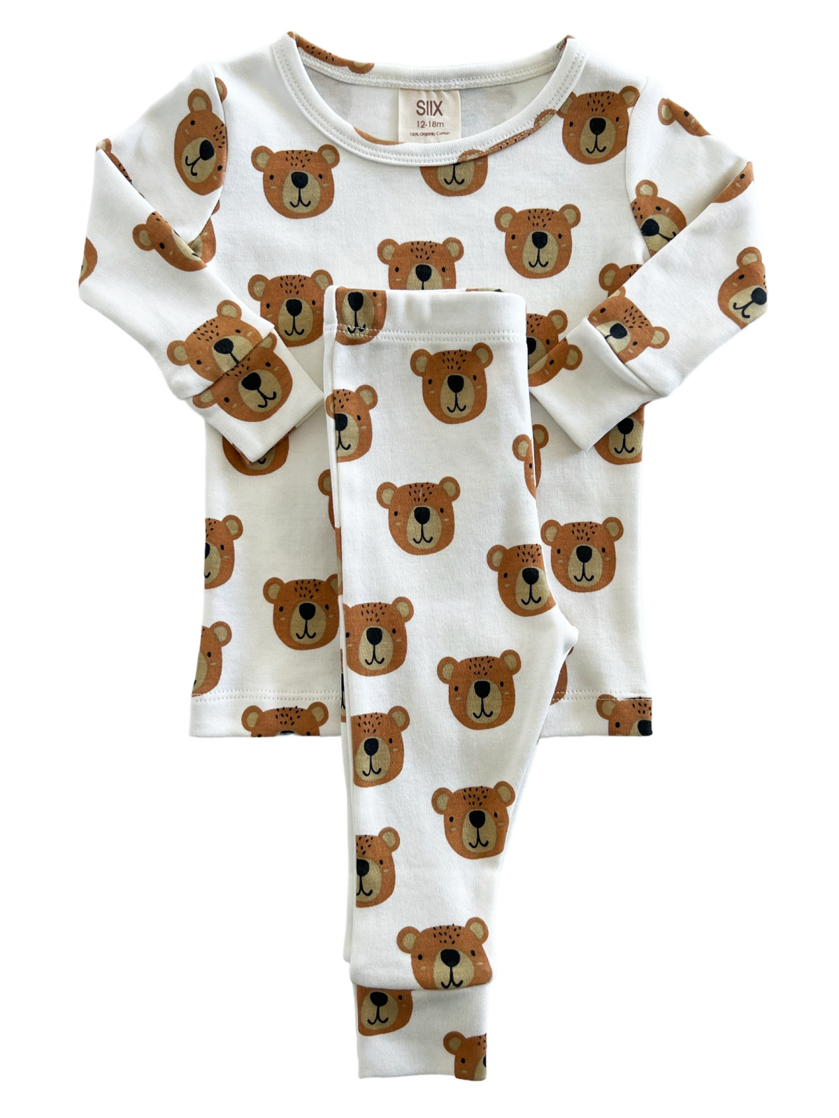 Youth pajama set featuring an all-over bear print on a white background. Size 12-18 months.