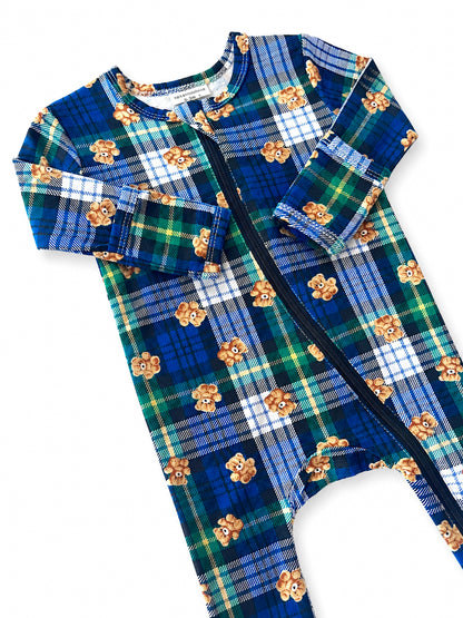 Blue plaid zip-up onesie with bear print, featuring long sleeves and a soft fabric design.