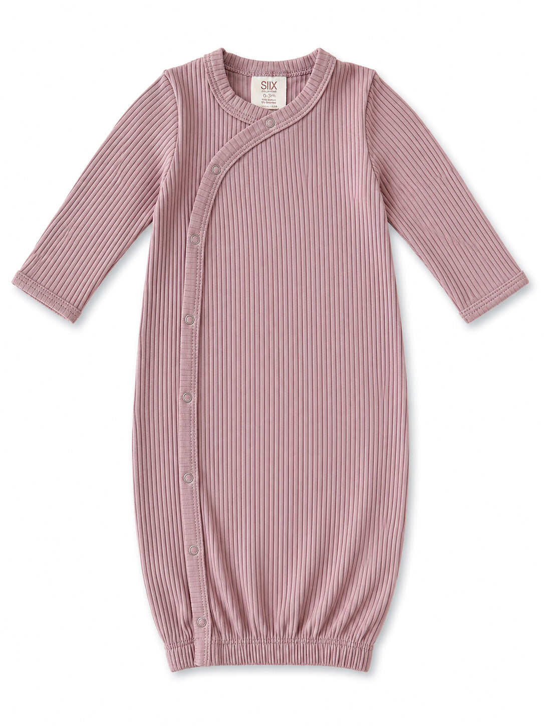 Light pink ribbed baby gown with long sleeves and snap closure, ideal for infants 0-3 months.