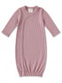 Light pink ribbed baby gown with long sleeves and snap closure, ideal for infants 0-3 months.