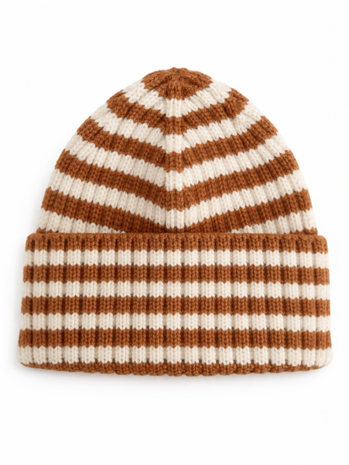 Brown and cream striped knit beanie hat with a folded brim.