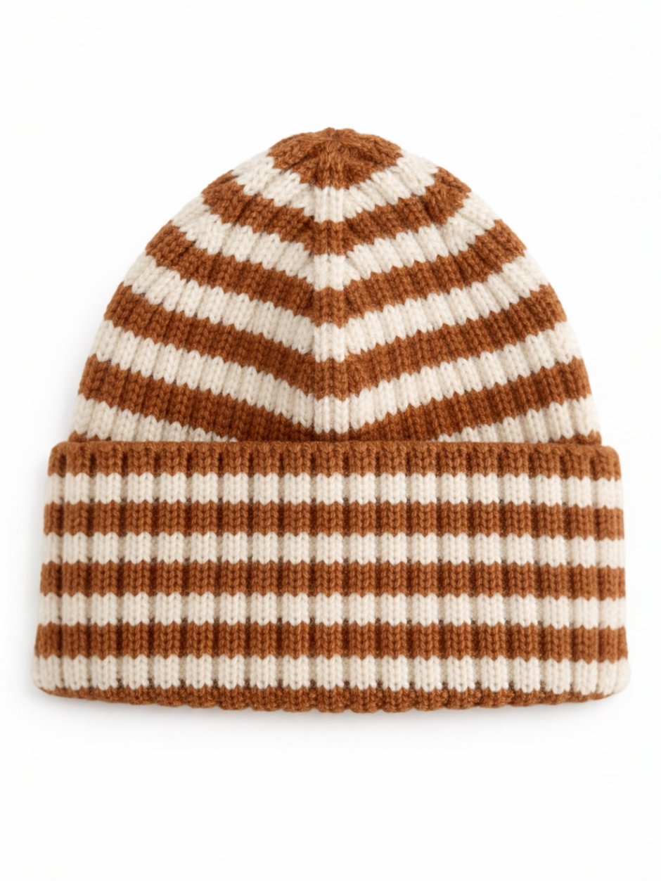 Brown and cream striped knit beanie hat with a folded brim.