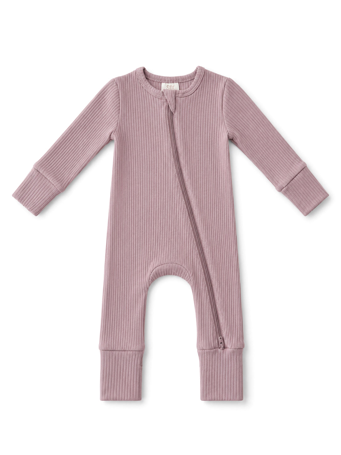 Light mauve baby onesie with long sleeves and a front zipper, featuring ribbed texture.