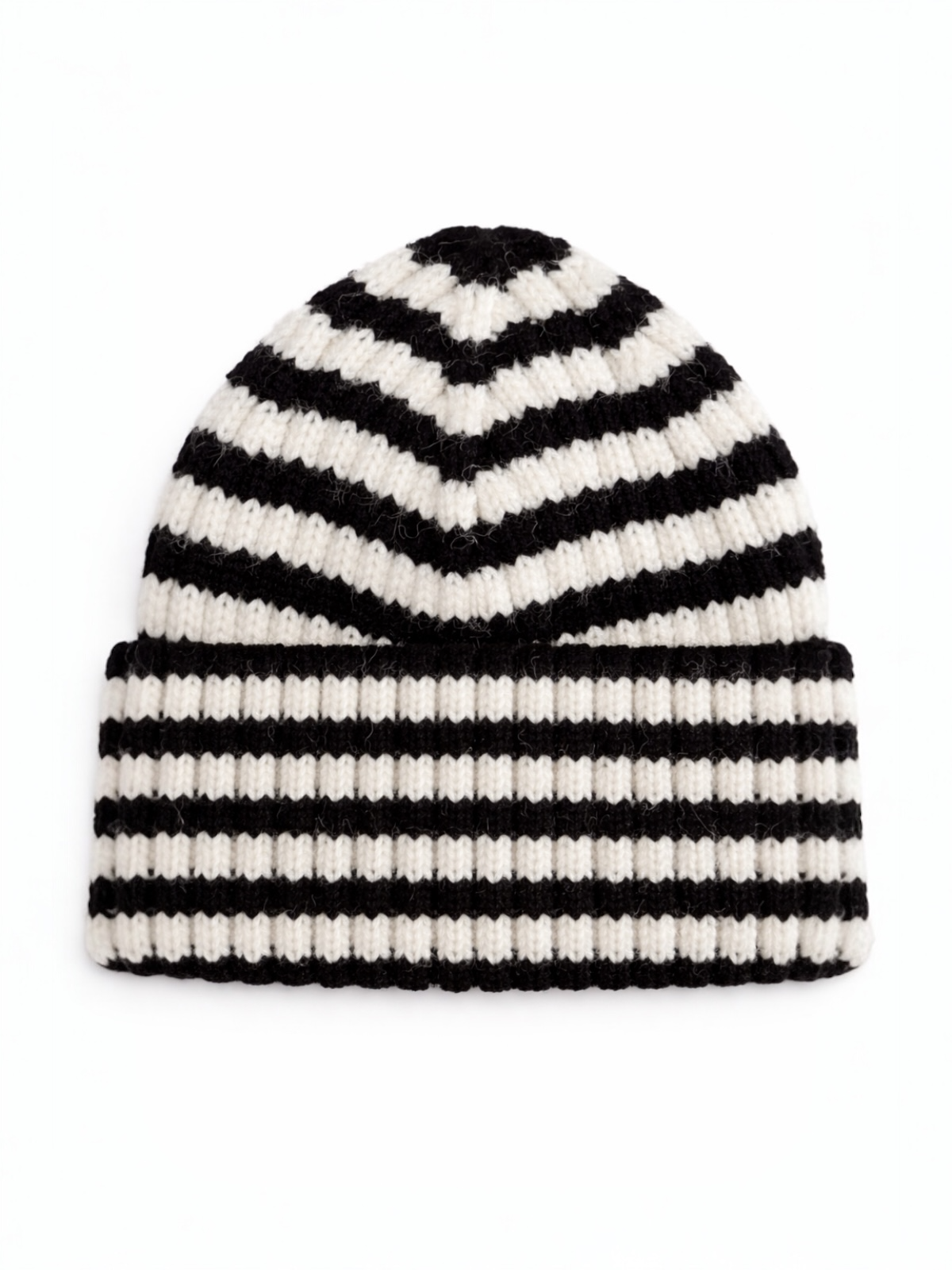 Black and white striped knit beanie hat displayed on a white background.