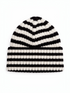 Black and white striped knit beanie hat displayed on a white background.