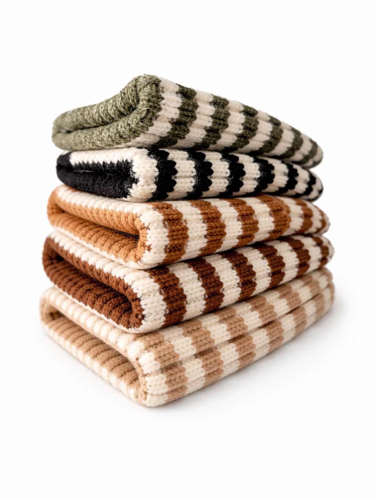 Stack of cozy striped textiles in earthy tones of green, black, brown, and cream, neatly folded on a white background.