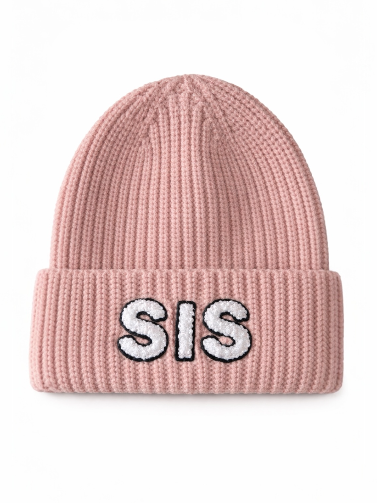Pink knit beanie with "SIS" embroidered in white letters on the folded cuff.