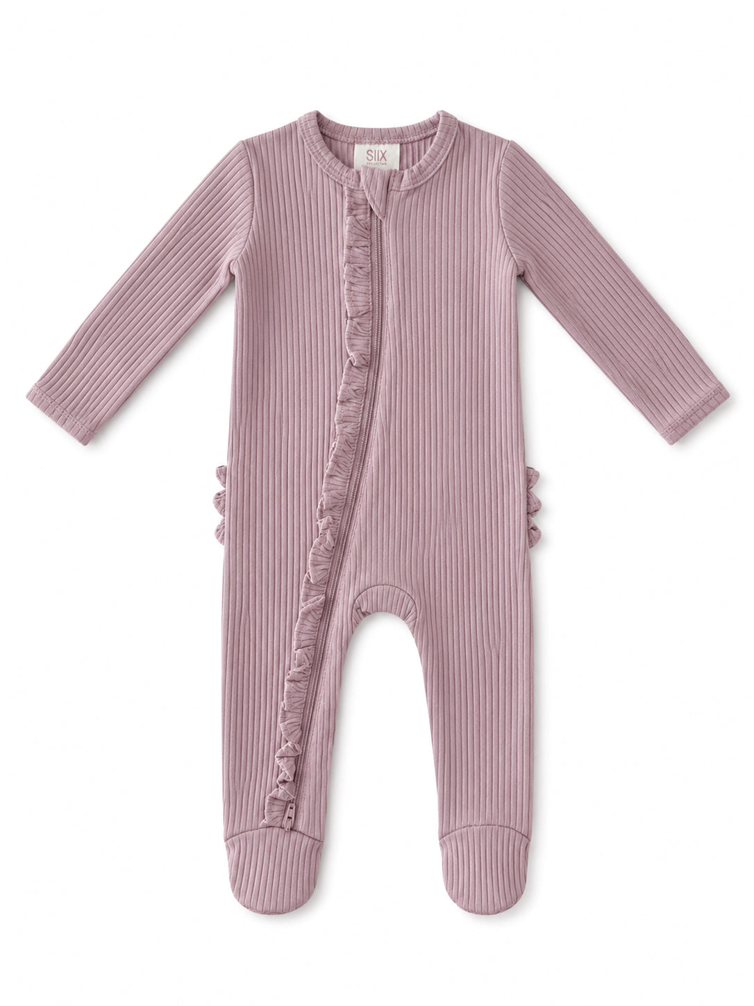 Light purple ribbed infant onesie with a front zipper and ruffle detail along the side.
