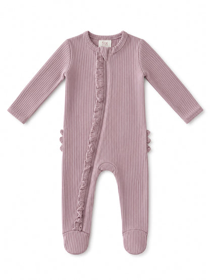 Light purple ribbed infant onesie with a front zipper and ruffle detail along the side.