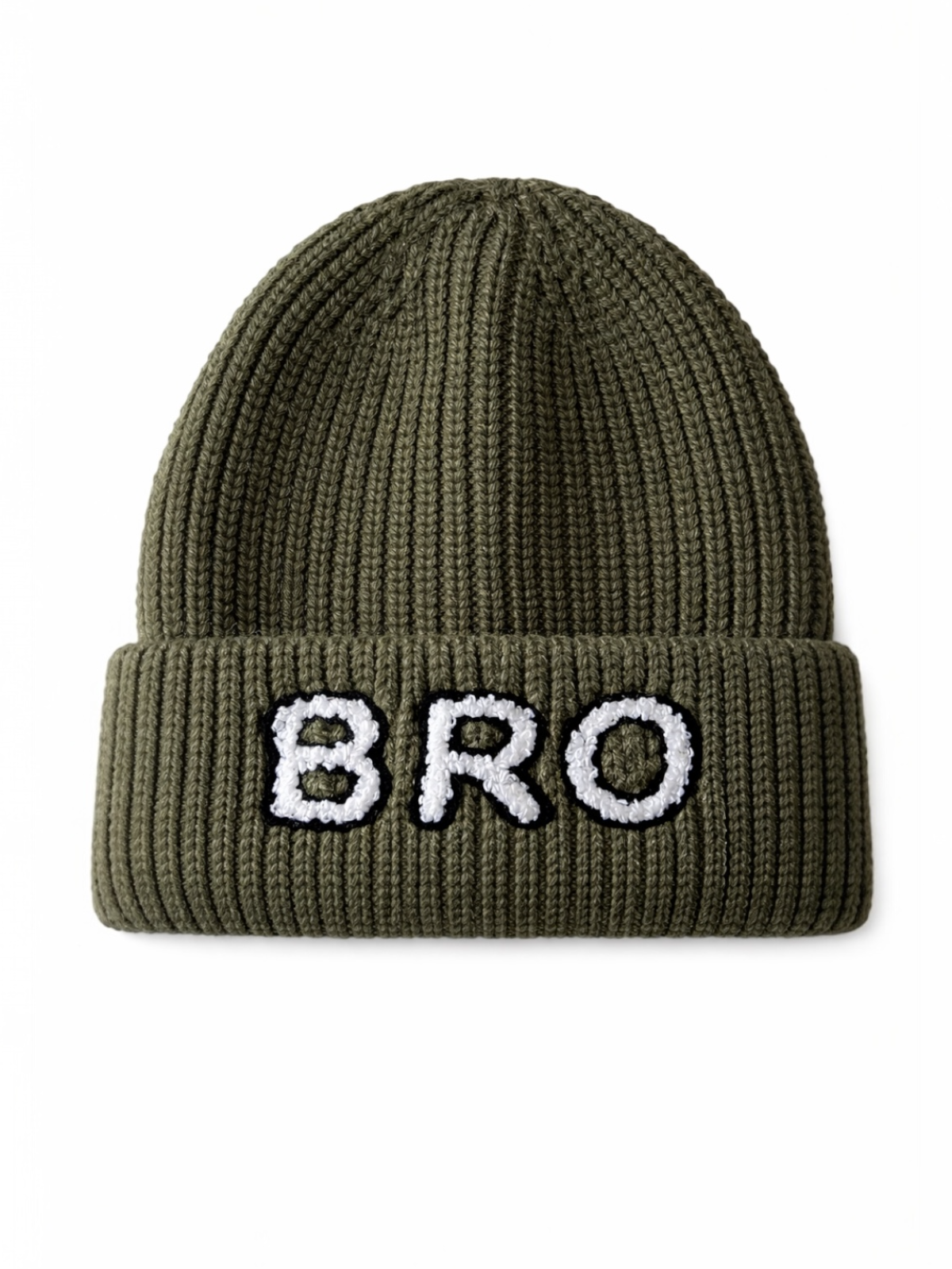 Olive green knit beanie with white "BRO" embroidery on the front.
