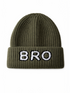 Olive green knit beanie with white "BRO" embroidery on the front.