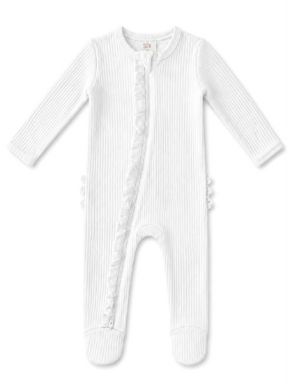 White ribbed infant onesie with ruffled zipper and long sleeves, suitable for comfortable wear.