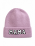 Pink knit beanie hat with "MAMA" embroidered in bold black and white letters on the front.