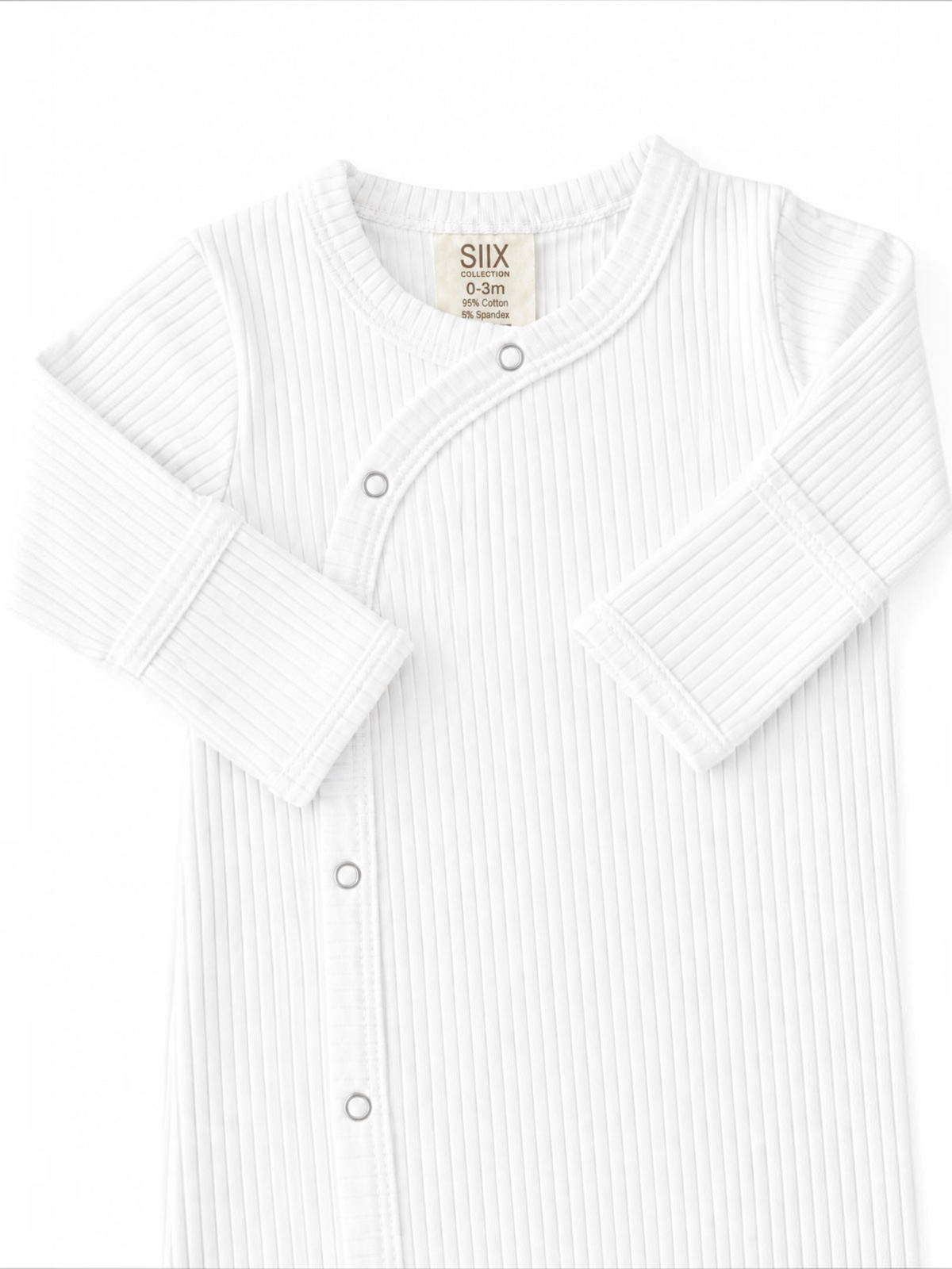 White ribbed baby bodysuit with snap buttons, made from 95% cotton and 5% spandex, size 0-3 months.